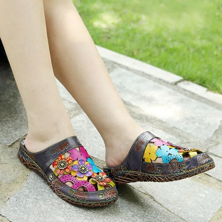 Womens Handmade Tropical Cut-out Leather Sandal Slippers