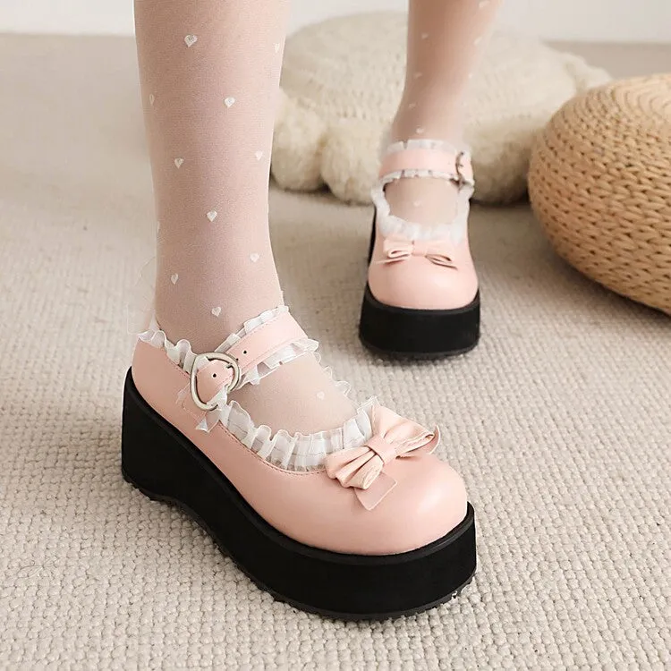 Women's Lolita Round Toe Lace Bow Tie Wedge Heel Platform Pumps