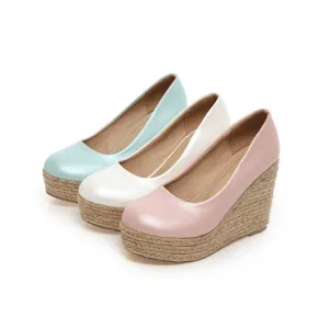 Women's Pumps Pu Leather Round Toe Woven Wedge Heel Platform Shoes