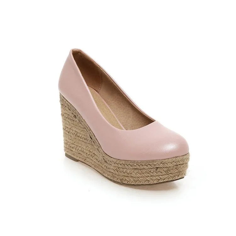 Women's Pumps Pu Leather Round Toe Woven Wedge Heel Platform Shoes