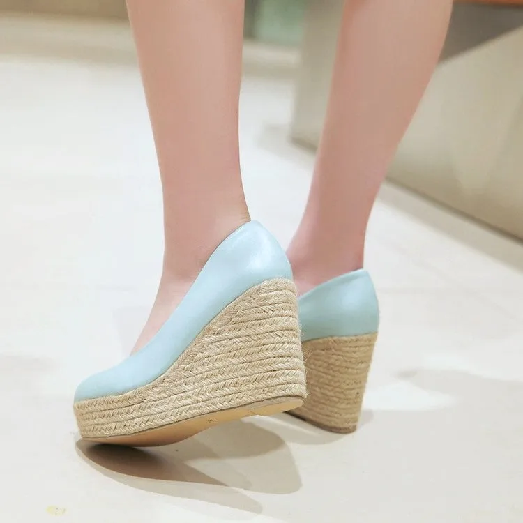 Women's Pumps Pu Leather Round Toe Woven Wedge Heel Platform Shoes