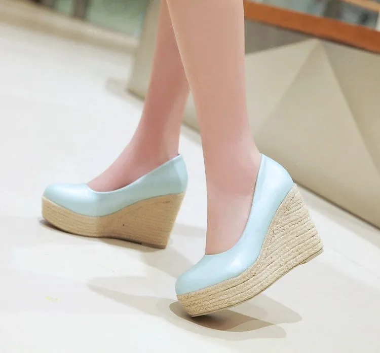 Women's Pumps Pu Leather Round Toe Woven Wedge Heel Platform Shoes