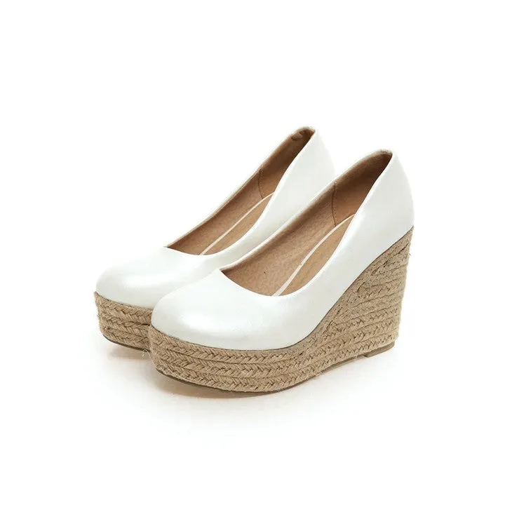 Women's Pumps Pu Leather Round Toe Woven Wedge Heel Platform Shoes