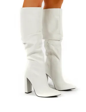 Yours White PU Heeled Knee High Block Boots