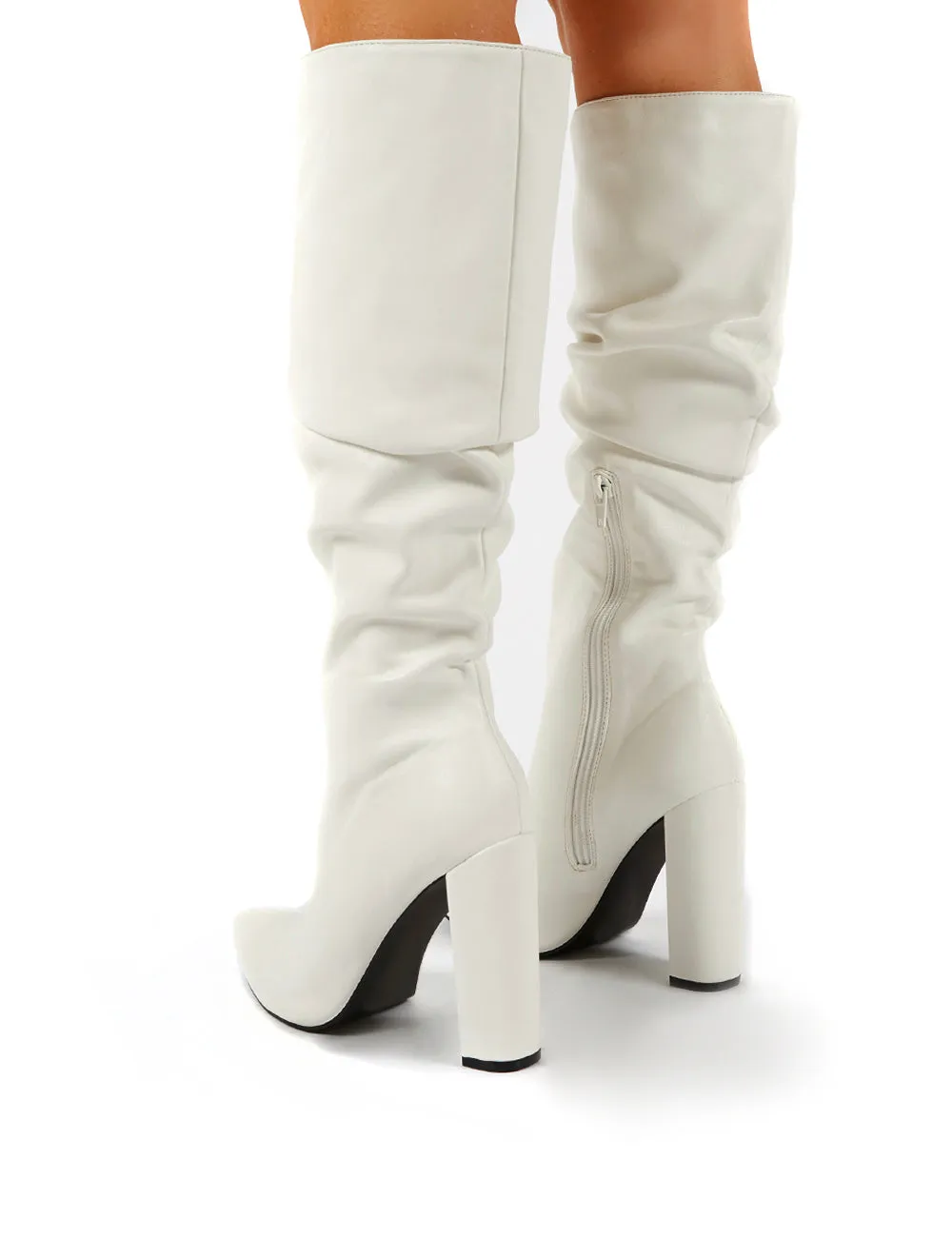 Yours White PU Heeled Knee High Block Boots